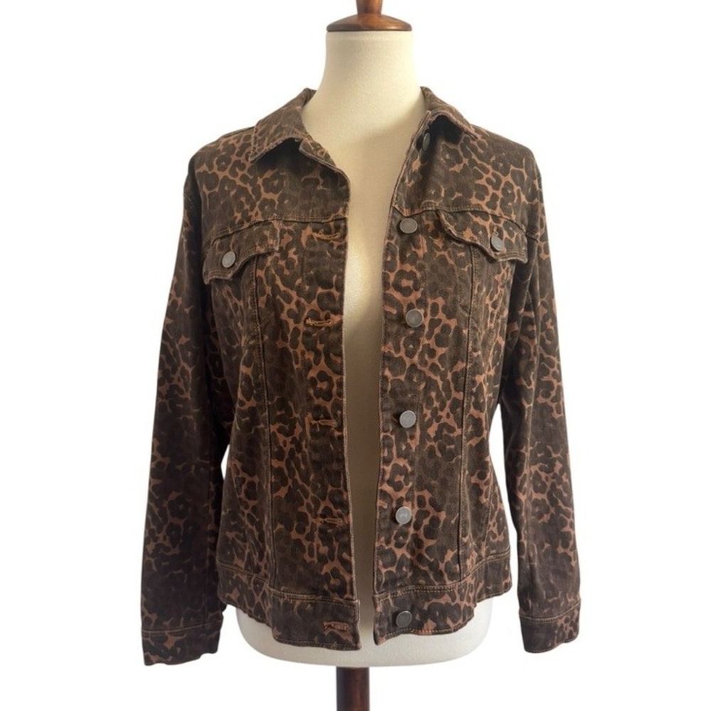 Scully Womens Leopard Print Denim Jacket Brown Animal Print Western Size Small